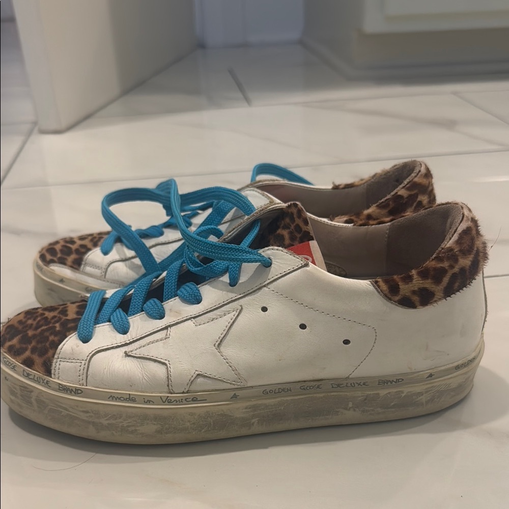 Golden Goose White and Blue Sneakers with Leopard Print